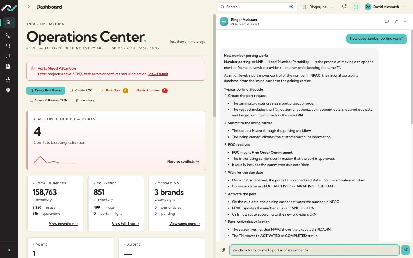 Ringer Assistant answering a number-porting question with a structured explanation