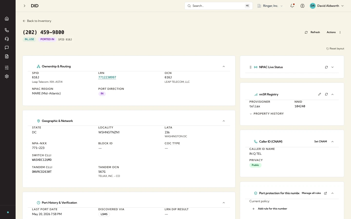 TNIQ number intelligence detail including CNAM