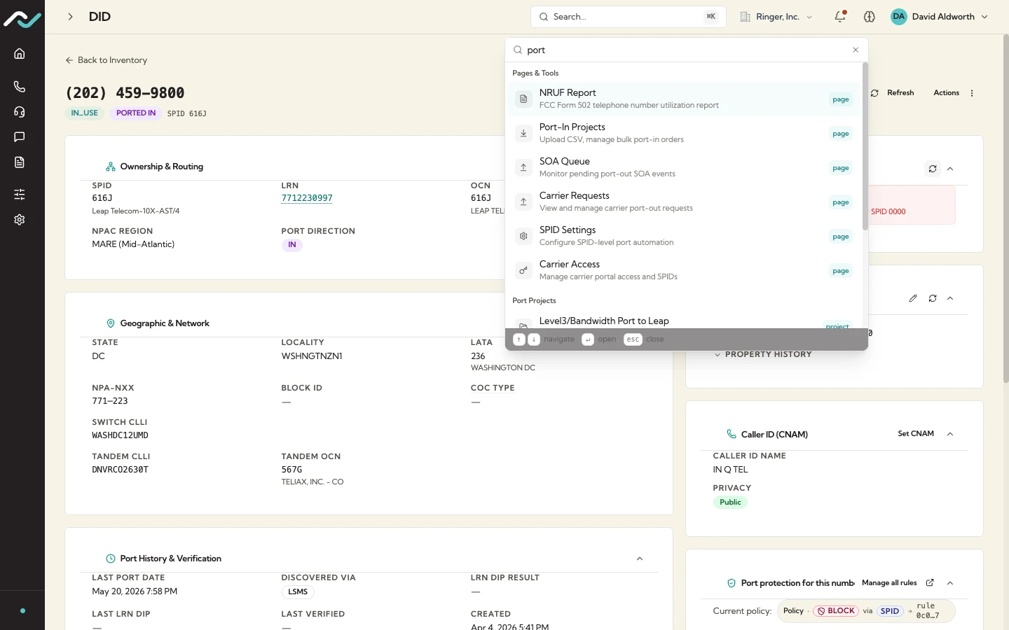 TNIQ command palette — jump to any page, number, or project