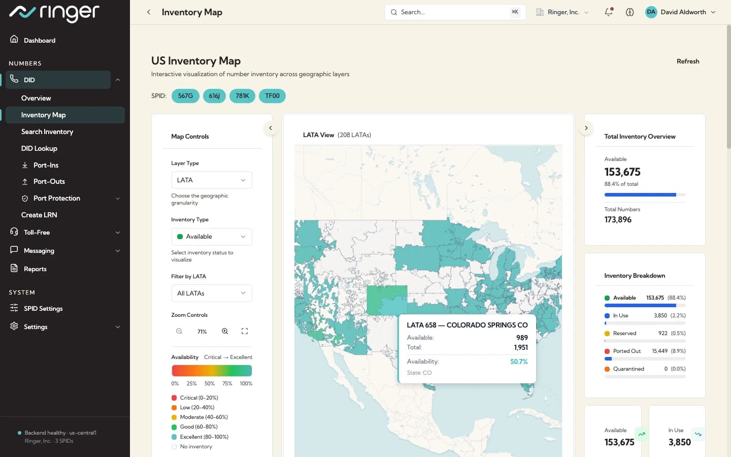 TNIQ US inventory map — number availability by LATA