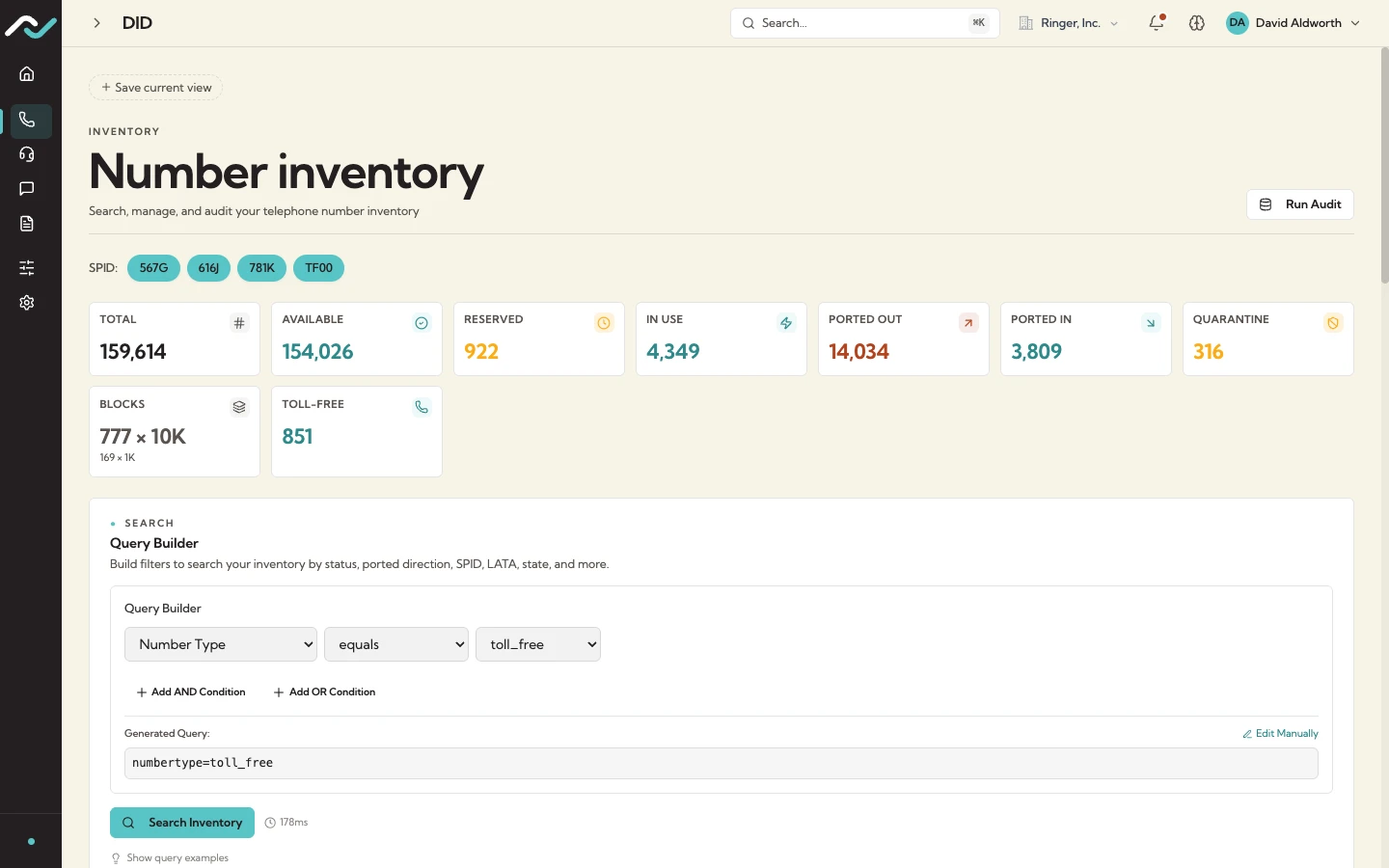 TNIQ toll-free number inventory