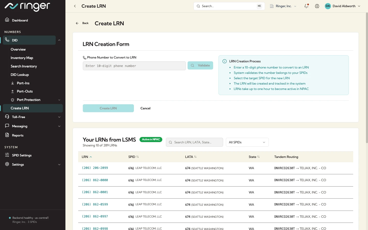 TNIQ LRN management — create and track LRNs
